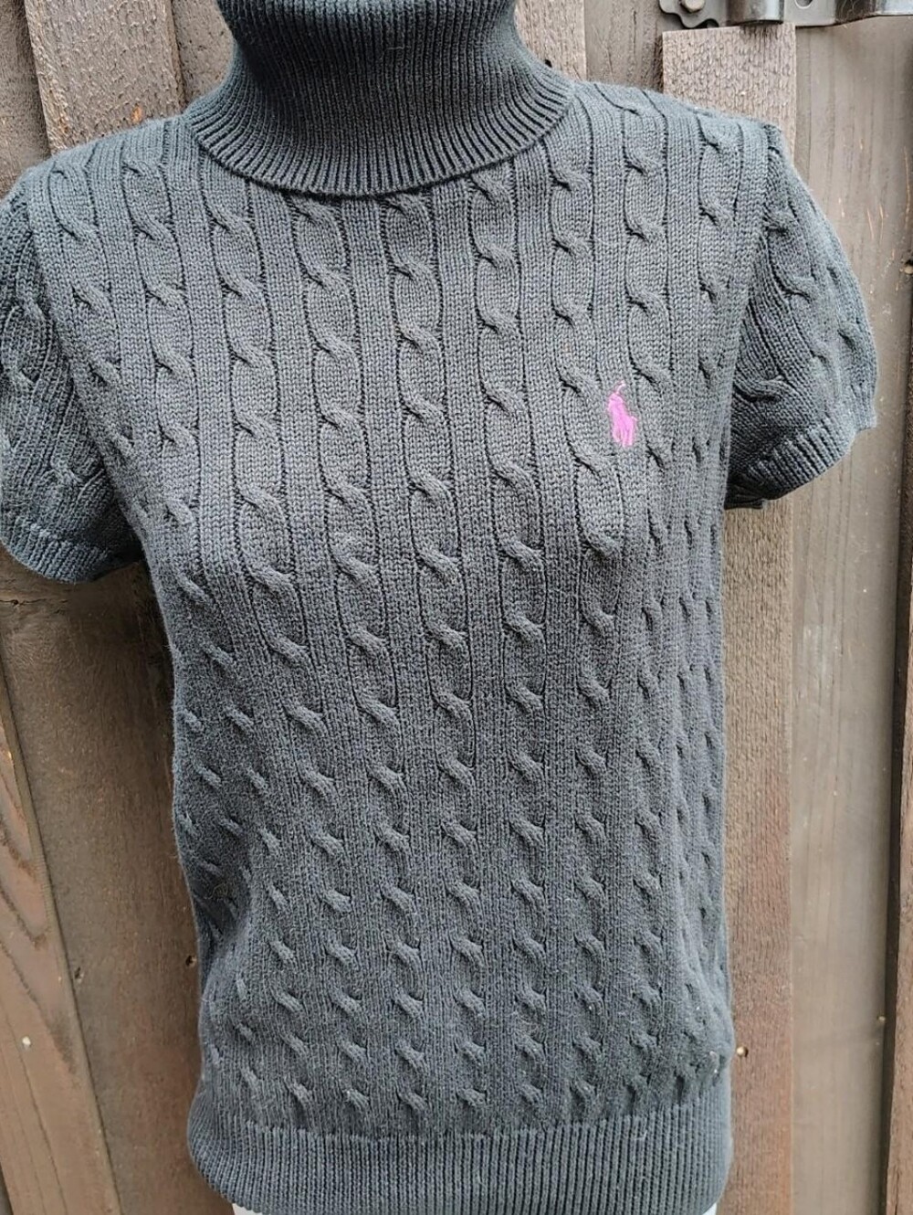 Ralph Lauren Black Cable-Knit Short-Sleeve Turtleneck with Pink Pony